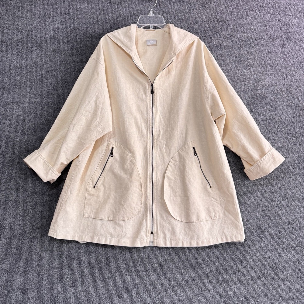 Gigi Moda Linen Made In Italy Cream Lined Zip Hooded Jacket OS Resort‎ Boho